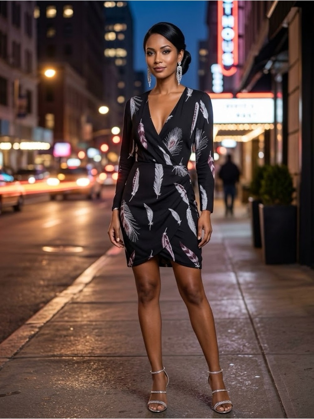 Line & Dot Black Feather Print Surplice Faux Wrap Mini Dress V-Neck